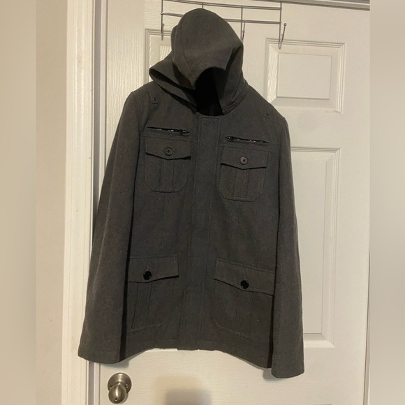Structure Coat Men Small Grey Wool Pea Button Jacket Lined Adult Hooded Pockets - Picture 1 of 7